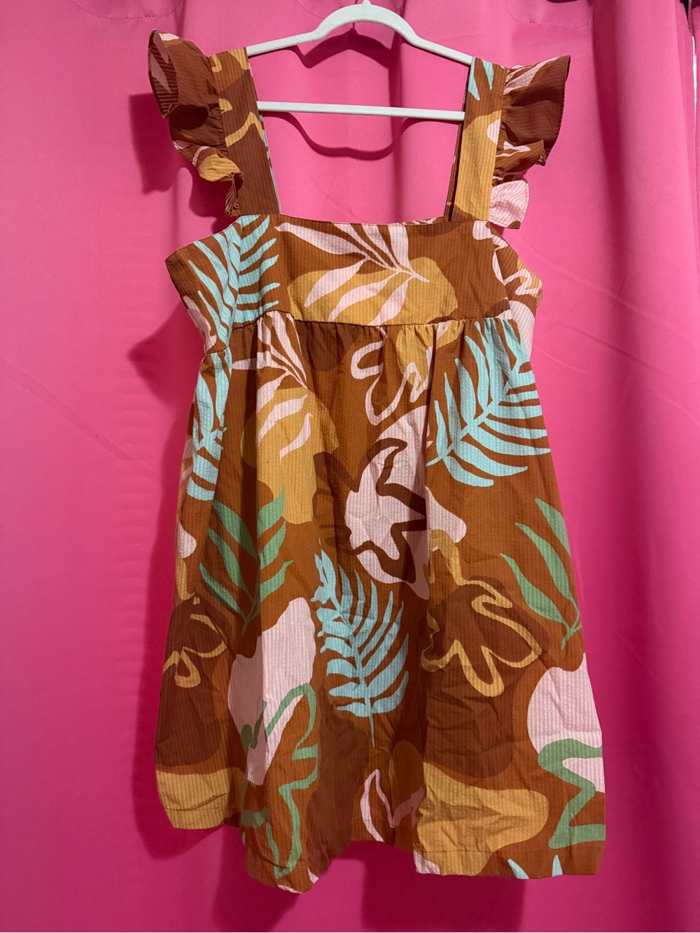 Brown Tropical Print Mini Sundress with Ruffle Straps